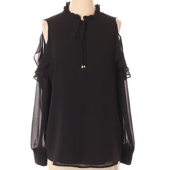 Calvin Klein Long Sleeve Cold Shoulder Blouse with Ruffles and Tie Front - Picture 1 of 12
